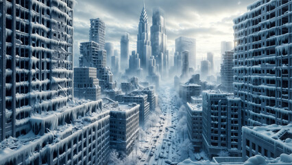 Post-apocalyptic image of  ruins of modern city during nuclear winter, depicting skyscrapers covered in snow and ice, creating chilling desolate scene.