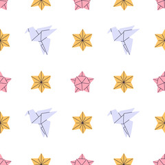 Cartoon origami seamless pattern. Folded paper birds and stars. Japanese crane. Friendship and good luck symbol. Handmade pinwheel. Geometric creative dove. Garish vector background