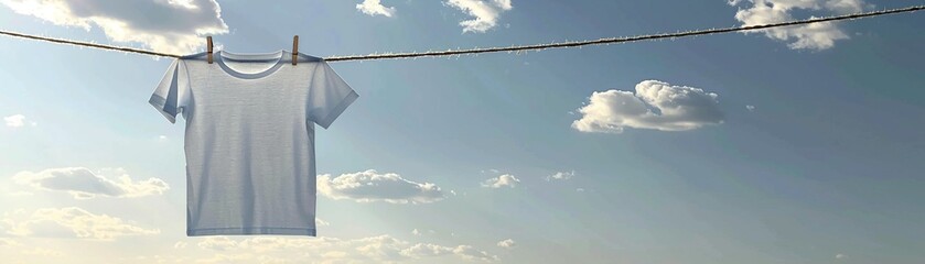 Against a backdrop of blue sky and fluffy clouds, a white tshirt hangs on a clothesline, a picture of simplicity and serenity