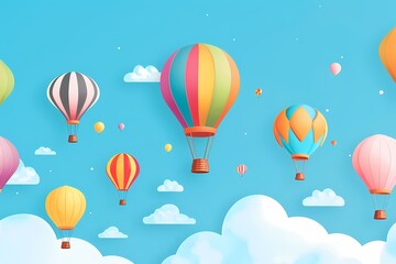 colorful hot air balloons in the sky illustration with copy space. Aerostat festival. Travel holiday summer banner.