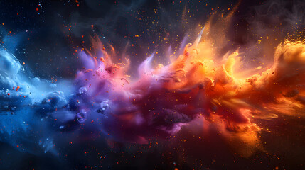 An abstract image of a colorful interstellar cloud filled with explosive energy, depicting a stunning cosmic scene with vibrant hues and dynamic particles