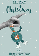 Christmas greeting Poster Cover design with cute Snake and Halftone hand. Chinese New Year card with trend Halftone element. Retro pastel Vector aesthetic for Web and Social media. Editable stroke.