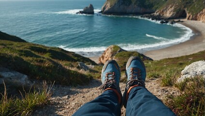 person hiking with walking shoes by the sea on a coastal path