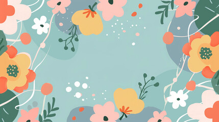 Abstract frame made from colorful summer flowers on a baby blue background. Summer background. Poster, banner, invitation, greeting card concept. Copy space.