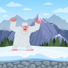 Fototapeta premium Bigfoot snow background with mountain and bigfoot angry character in action pose