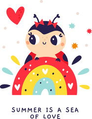 Cartoon ladybug card. Cute kids character. Little beetles with polka dot. Ladybird on rainbow. Love heart. Red insects smile. Children holiday. Happy animal. Summer vector poster design