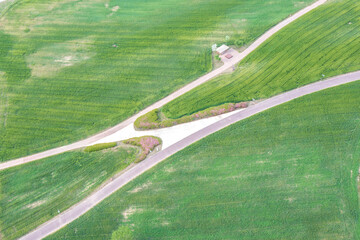 aero drone view. Green Barley Field Scenery of Nakdonggang River in Korea.