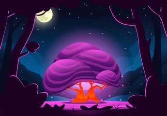 Cartoon fairytale forest landscape. Magic big tree bizarre shape. Fantasy night glade. Purple luminous plant. Mystical scenery. Midnight sky. Game botanical elements. Vector background
