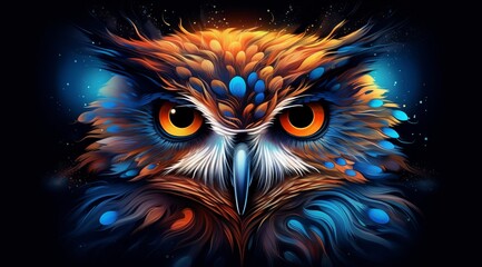 an abstract owl portrait, where vibrant double exposure paint techniques converge to create a mesmerizing portrayal of this iconic creature.