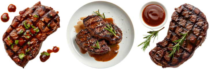 Grilled steak with barbecue sauce collection, single and on plate, isolated on a white background