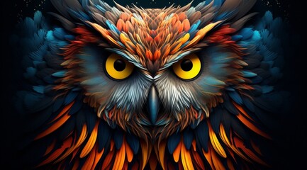 an abstract owl portrait, where vibrant double exposure paint techniques converge to create a mesmerizing portrayal of this iconic creature.