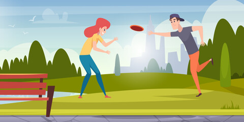 Frisbee active sport characters playing outdoor in urban park frisbee players