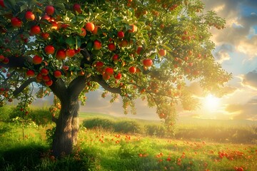 Dorodna jabłoń owocująca na tle zachodzącego słońca