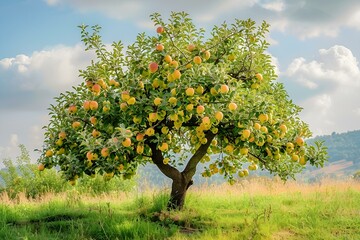 Dorodna jabłoń  rosnąca na łące obficie owocująca 