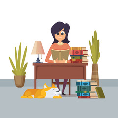 Fototapeta premium Girl reading happy female book lover sitting at table and reading books