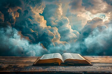 Pismo Święte otwarte leży na drewnianym stole na tle kłębiastych chmur - obrazy, fototapety, plakaty