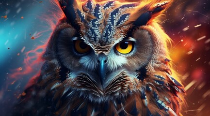 an abstract owl portrait, where vibrant double exposure paint techniques converge to create a mesmerizing portrayal of this iconic creature. - obrazy, fototapety, plakaty