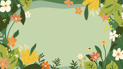 Abstract frame with summer flowers and leaves on a light blue background. Poster, banner, mock up, greeting card. Copy space.