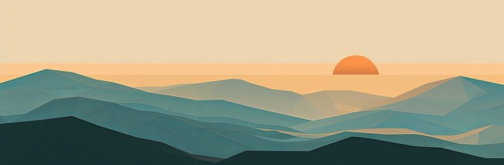 illustration of a landscape with mountains, simple shapes, brown and blue colors