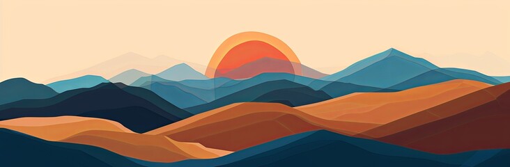 illustration of a landscape with mountains, simple shapes, brown and blue colors - obrazy, fototapety, plakaty