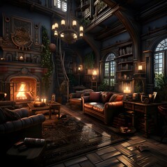 Interior of a cozy living room with fireplace. 3D rendering