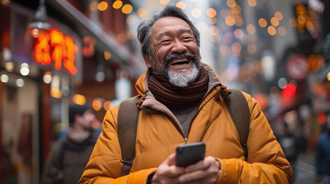 Joyful Man With Smartphone on Busy City Street. Generative AI