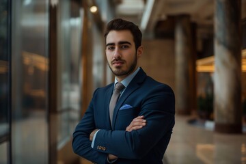 Fototapeta premium a good look man wearing business attire standing confidently inside an office building. his arms are crossed and determination has success at work. generative AI