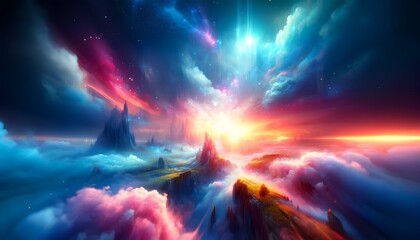 A vibrant, fantastical scene with swirling clouds and colorful sky illuminating rocky landscapes and mystical energy beams.