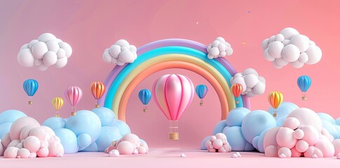 .3d rendering of colorful balloon arch with hot air balloons and clouds on pastel background - obrazy, fototapety, plakaty