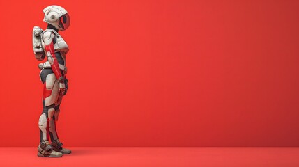 Futuristic robot in a contemplative pose on red background
