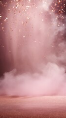 Rose smoke empty scene background with spotlights mist fog with gold glitter sparkle stage studio interior texture for display products blank 