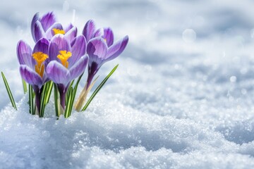 Spring Winter. Crocuses Blossoming Through Snow with Space for Text