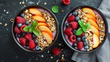   Two bowls, each brimming with fruit and granola, sit atop a black table Nearby stands a napkin and a steaming cup of coffee - Powered by Adobe