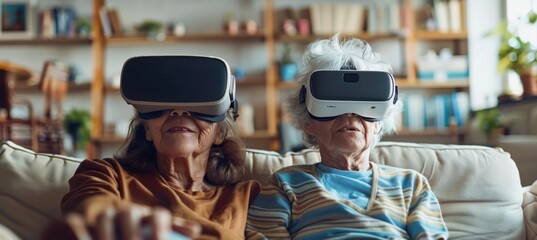 Fototapeta premium Two elderly women sharing fun event, wearing VR headsets on couch