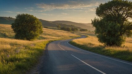 Picturesque scene unfolds with winding road cutting through tranquil landscape bathed in soft glow of sunset. Paved path, adorned on either side by fields of golden grass, wildflowers.