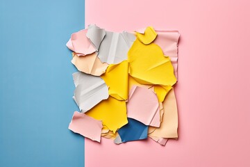 a crumpled, torn white paper set against a backdrop of soft pastel hues, evoking a sense of delicate balance and subtle contrast. - obrazy, fototapety, plakaty