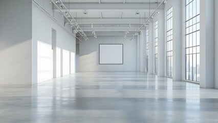 Empty white showroom as minimalist 3D mockup. Concept Minimalist Design, 3D Mockup, White Showroom, Empty Space