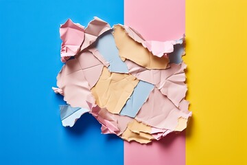 a crumpled, torn white paper set against a backdrop of soft pastel hues, evoking a sense of delicate balance and subtle contrast. - obrazy, fototapety, plakaty