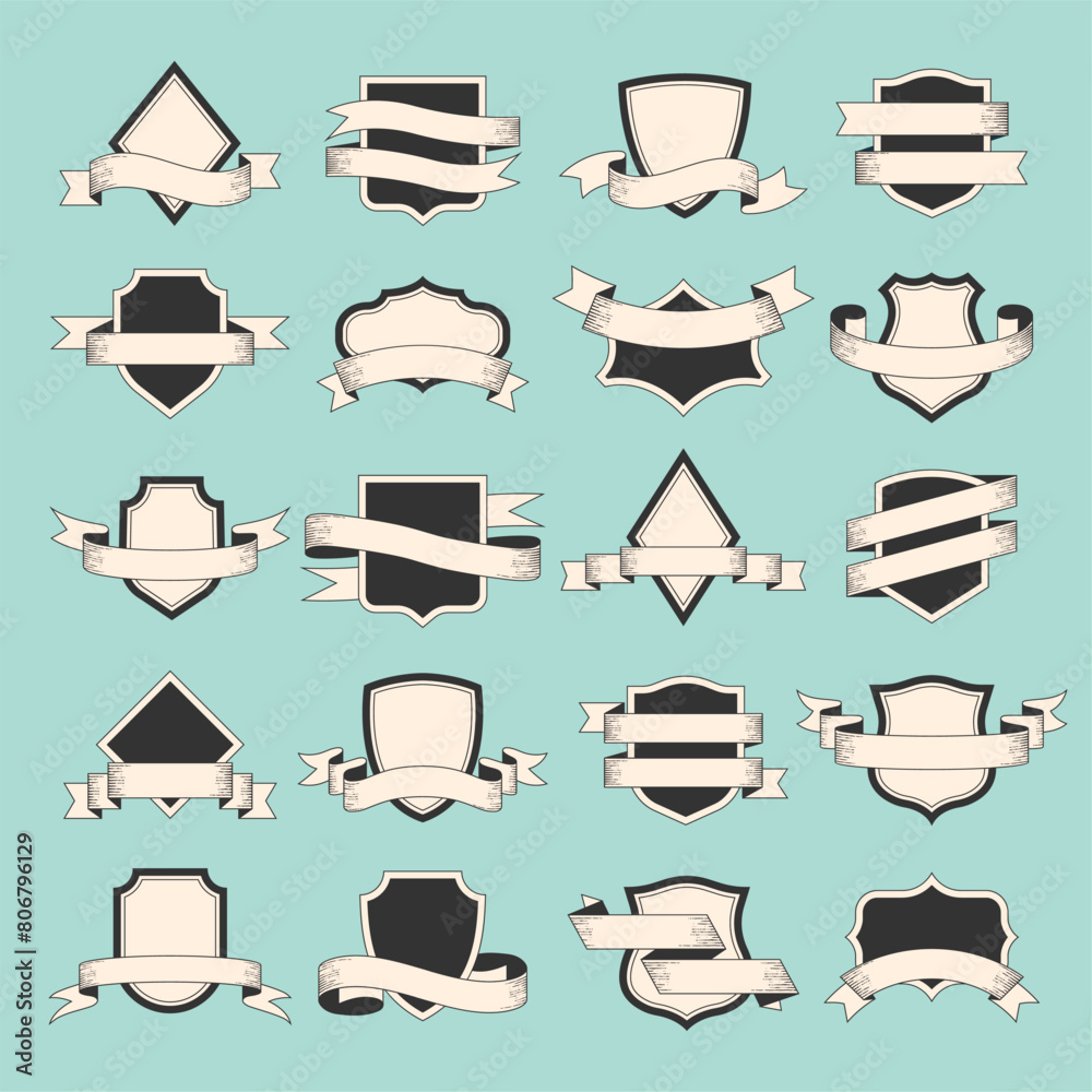 Wall mural ribbons badge. frames different geometric shapes with stylized ribbon decoration design with place f