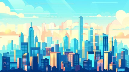 Flat design illustration of a cityscape with skyscrapers, buildings and other urban architecture against a clear sky with clouds - obrazy, fototapety, plakaty