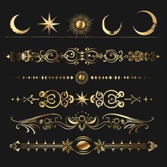 Elegant Golden Celestial Dividers and Ornaments on Black Background