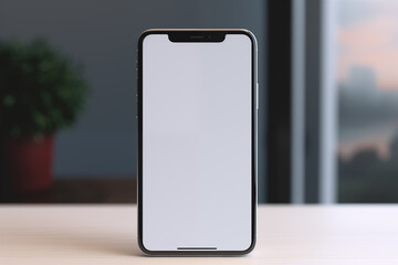 mockup mobile smartphone with empty white screen on a table