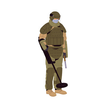 Army sapper searches mines on battle field with metal detector. Soldier in protective suit detects bombs on minefield with military equipment. Armed force. Flat isolated vector illustration on white