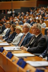 Fototapeta na wymiar An audience is seated at desks in a conference room for a government event