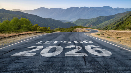 Let's Go 2026 Low level view of empty old paved road in mountain area at sunrise