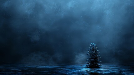 Fototapeta premium A small fir tree stands in the center of a tranquil body of water, mirrored image undisturbed Amidst the scene, a dark and moody sky heavy with