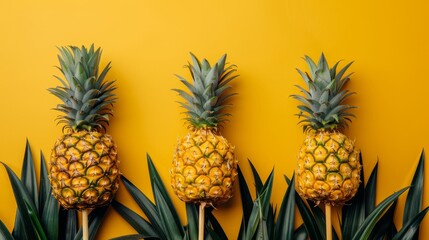   A line of pineapples atop one another on a wooden stick in front of a yellow backdrop