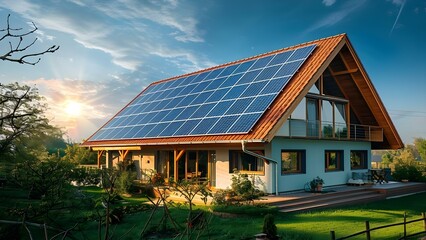 Obraz premium Futuristic home with blue solar panels generating clean renewable energy and water. Concept Modern Architecture, Sustainable Living, Green Technology, Renewable Energy, Environmental Innovation
