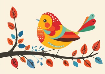 Colorful Folk Art Style Bird Perched on Branch Illustration