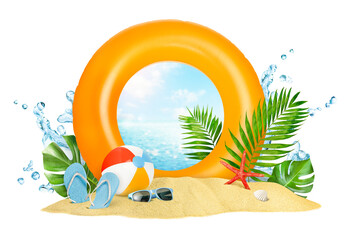summer concept with sea inside inflatable swim ring, summer accessories, palm trees and water splashes on white isolated background
